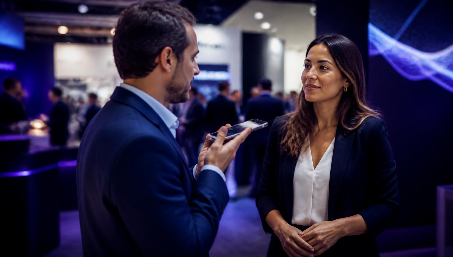 Profissionais conversando no estande de uma feira de negócios, um deles gravando um áudio no celular